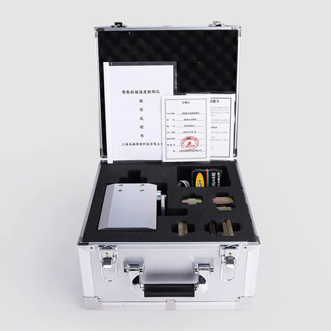 High Octane Ceramic Tile Bond Strength Tester Featuring Hydraulic Pull Out Adhesion Gauge in aluminum case with accessories.