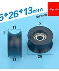 100 Piece Set U Groove Plastic Coated Bearings 5X26X13MM Roller Wheel Track Guides showing dimensions and design details.