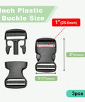 Three Pack 1 Inch Inner Diameter Plastic Buckles Dual Release For Backpacks, Dog Collars, Nylon Webbing, Adjustable Clips