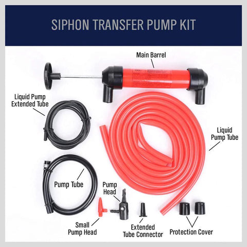 HORUSDY multi-use siphon fuel transfer pump kit with red hose and black main barrel for gas, oil and liquids