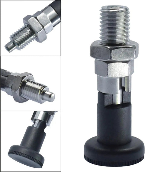 Built Like A Tank M20 Self Locking Spring Plunger With Fine Thread Stainless Steel Indexing Pin And No Nonsense Positioning Lock Knob close-up view.