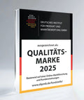 Deutsches Institut für Produkt und Marktbewertung GmbH award plaque for Qualitätsmarke 2025 displayed on a gray background.