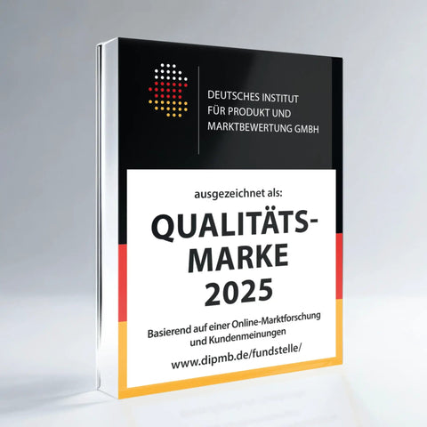 Deutsches Institut für Produkt und Marktbewertung GmbH award plaque for Qualitätsmarke 2025 displayed on a gray background.