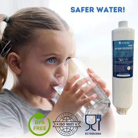 Child drinking clean water next to Pro Grade RV Water Filter and Hose Protector Blocks Bad Taste, Chlorine, Sediment, And Odor For Campers, Travel Trailers, Boats.
