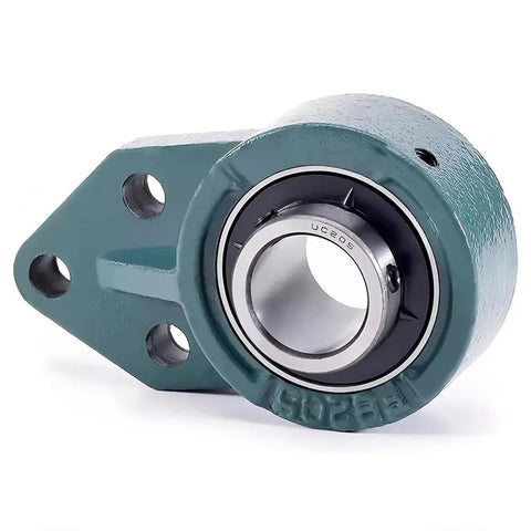 Top Shelf Three Bolt Flange Bearing Unit With Sixty Five mm Inner Diameter And Set Screw Locking For Tight Machine Fits And Vertical Braces Built Hella Sturdy And Ready To Roll, showing the bearing unit side view.