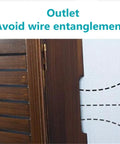 Close-up of wall mounted cable organizer box with wooden frame for routers, showing outlet design to avoid wire entanglement.