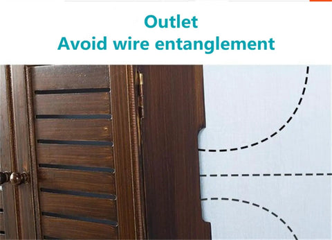 Close-up of wall mounted cable organizer box with wooden frame for routers, showing outlet design to avoid wire entanglement.