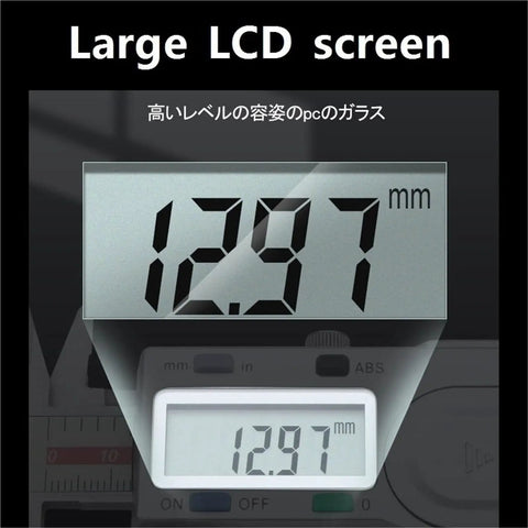 Digital Caliper 0.01mm display showing 12.97mm measurement on a large LCD screen, data transfer, stainless steel design.