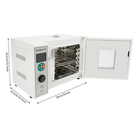Top Shelf 800w Electric Drying Oven With Digital Temp Control From Fifty To Five Seventy Two Fahrenheit, stainless steel, open door view.