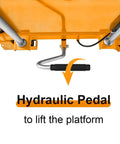 Heavy Duty Hydraulic Lift Table Cart Handle with hydraulic pedal for lifting platform, designed for 1760 lb loads.
