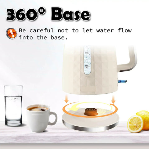 1.7L Electric Kettle With Fast Boil 1200W For Quick Hot Water, 360 Degree Cordless Base demonstration, beige finish