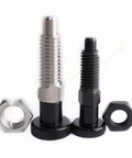 Built Tough Retractable Plunger Handle Spring Pins Featuring Dead Nuts Precision Indexing And Slick Self Resetting Action For Heavy Duty CNC Jigs Assembly Fixtures And Woodworking Projects image showing steel pull pins with hex nuts in black and silver finishes.