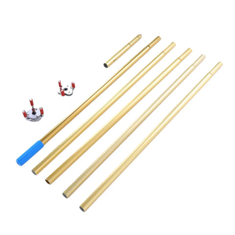 Top Shelf Smoke Detector Removal Wand With Extendable Aluminum Pole For Vaulted Ceilings And Open Stairwells Featuring Fast Snap Adapter and Zero Ladder Hassle components arranged with aluminum poles and attachments.