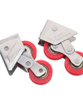 Heavy Duty Double Roller Pulley Kit For Closet Doors And Aluminum Windows Stainless Steel Replacement Wheels Smooth Silent Glide Built Tough Zero Fuss Replace featuring red wheels and silver metal.