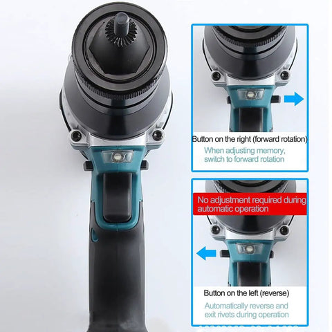 Heavy Duty Cordless Rivet Nut Gun With Rechargeable Battery, 26V Automatic Rivet Tool Kit front view showing buttons for forward and reverse operation.