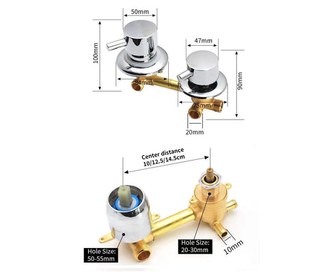Heavy Duty Polished Brass Shower Valve Featuring Smooth Turning Four Way Water Outlet And Drip Free Performance That Kicks Rust To The Curb For Bathroom Makeovers, showing measurements and design details.
