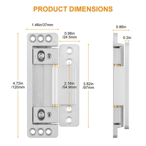 Heavy Duty Hidden Door Hinges 2 Pack With Matching Structural Screws Sleek Zinc Alloy Concealed Hardware Kits dimensions diagram shown.