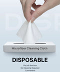 Microfiber Cleaning Cloth being pulled from a white box labeled Microfiber Cleaning Cloth with the word DISPOSABLE