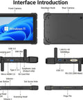 Rock Solid Rugged Tablet Running Windows 11 With IP67 Waterproof Body Packing A Bright 10 Inch Screen, showing interface and ports overview.