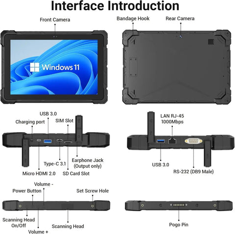 Rock Solid Rugged Tablet Running Windows 11 With IP67 Waterproof Body Packing A Bright 10 Inch Screen, showing interface and ports overview.