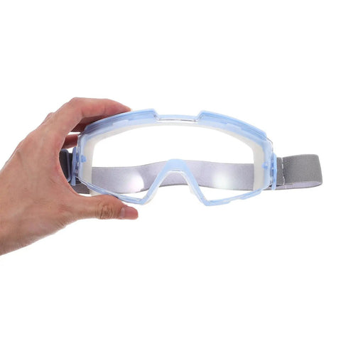Heavy Duty Polycarbonate Safety Glasses With High Clarity Blue Lens Side Shields For Industrial Construction And Lab Work held in hand.