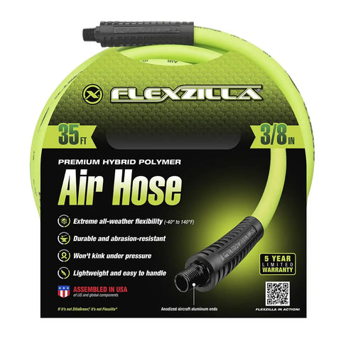 Zero Hassle All Day Grind Air Hose 3/8 X 35 Foot Heavy Duty Flexible Hybrid Polymer with aluminum fittings and easy grip.