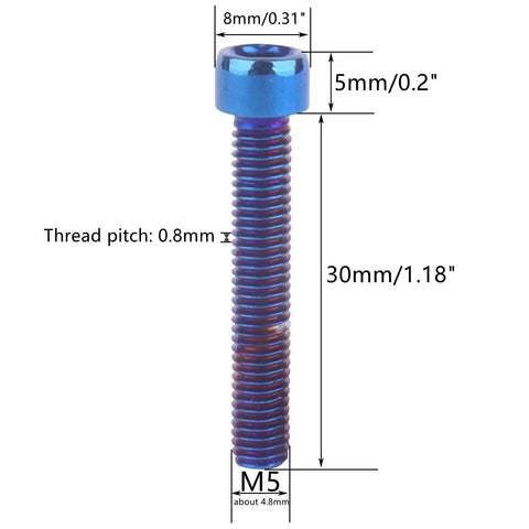 Slick Titanium Finish Stainless Steel Allen Hex Socket Head Screws M5 From M5x12 Up To M5x35mm Burnt Blue Bolt Set close-up showing dimensions and thread pitch.