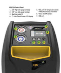Zero Sweat R134a Air Conditioning Recovery And Recharge Unit control panel with gauges, LCD display, and USB port.
