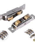 Pro Grade Heavy Duty Stainless Steel Double Wheel Sliding Door And Window Pulley Kit With Slick Groove Track Rollers close-up of double wheel rollers on metallic bracket.