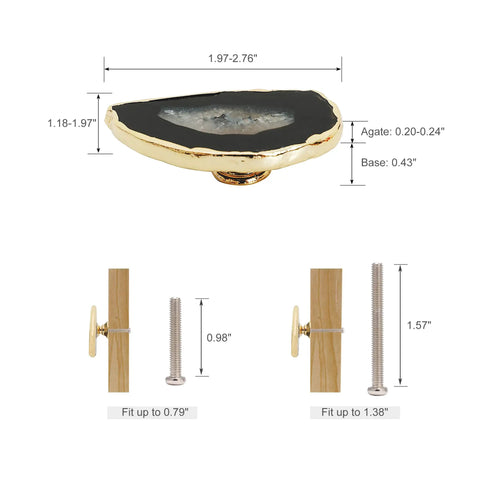 Total Game Changer Natural Black Agate Cabinet Knobs With Heavy Duty Brass Mounting And Polished Gold Plated Drawer Pulls Set Of Four dimensions and installation details.