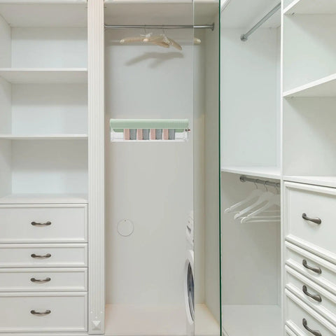 Slick Hanging Underwear Organizer Drawer Box For Socks Storage With Durable Wall Mount Hooks in a modern closet space.