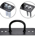 Heavy Duty Battle Rope Wall And Ceiling Mount Anchor Bracket For Suspension Straps, black steel with screws, sturdy design.