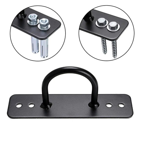 Heavy Duty Battle Rope Wall And Ceiling Mount Anchor Bracket For Suspension Straps, black steel with screws, sturdy design.