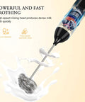 Close-up of Handheld Milk Frother USB Rechargeable Electric Foam Wand For Coffee Nerds in action with stainless steel whisk