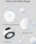 Advanced safety features of travel kettle including air vent, protected power outlet, and non-slip base