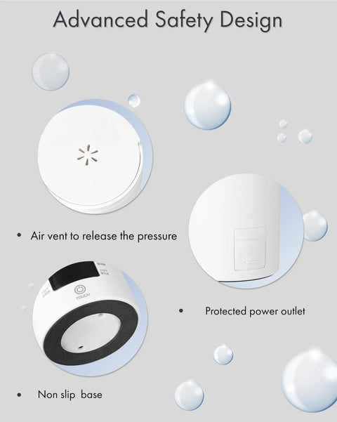 Advanced safety features of travel kettle including air vent, protected power outlet, and non-slip base