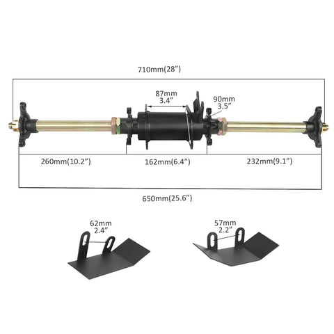 Heavy Duty Rear Axle Kit For 110cc 125cc 150cc ATVs And Go Karts With Brake Disc And 3 Stud Wheel Hubs Includes Swingarm Bracket Sprocket Brake Covers And Hardware Ready For Buggy Rebuild. Image shows axle dimensions and components.