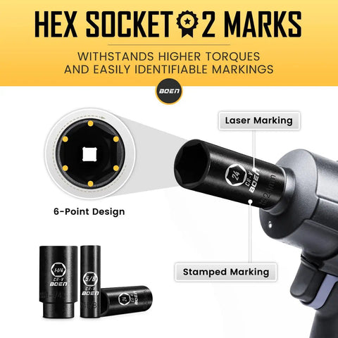 Hex socket set with laser and stamped markings next to wrench. Part of Beefy Half Inch Drive Deep Impact Socket Set 35 Piece SAE.