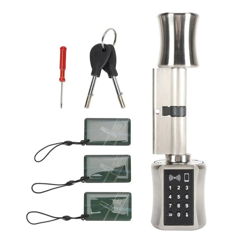 Keyless Smart Cylinder Lock Featuring Touchscreen Keypad And Smartphone App Access Night Bolt with key cards and tools