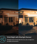 Split image of a house with starlight sensor effect, showing vivid night colors with 2K Plus Outdoor Wired Security Camera.