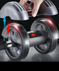 Double Track Ab Roller Wheel With Auto Rebound Core Crasher Heavy Duty Steel Build Anti Slip Handles Smooth Roll Action close-up of handles and wheels.