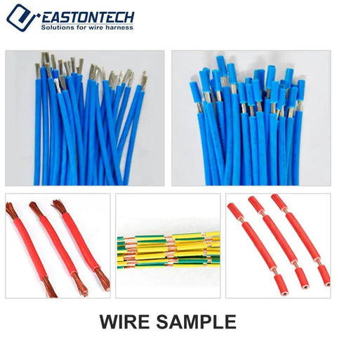 Heavy Duty Automatic Cable Wire Cutter And Stripping Machine Featuring Touch Screen Display And Smart Motion Controller For Straight Shot Length Accuracy And Quick Setup During Rush Projects, with various wire samples.