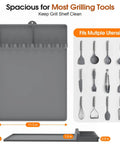Silicone Grill Mats For Griddle Spatula Tool Mat With Drip Pad showing utensil slots and dimensions