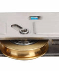 Heavy Duty Double Copper Wheel Stainless Steel Sliding Door Roller Smooth Glide Window Track Pulley showing brass wheel and steel base.