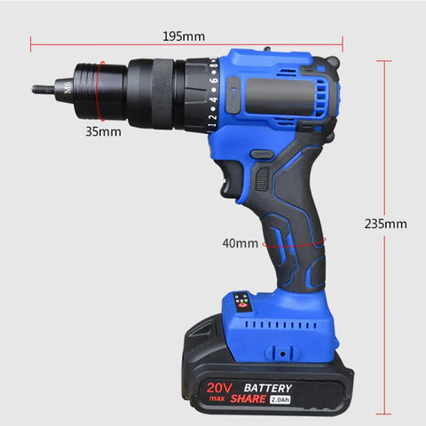 Heavy Duty No Sweat Cordless Rivet Gun And Electric Blind Riveter With 20V Lithium Ion Battery Charger side view, blue color, compact design.