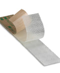 Dual Lock Low Profile Reclosable Fastener Tape 5/8 Inch By 10 Feet Clear showing adhesive backing and texture.
