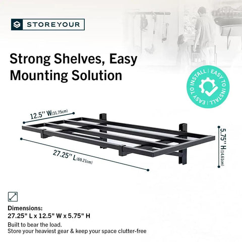 Badass Heavy Duty Black Garage Wall Shelves 1X2 Ft Wall Mounted Storage Rack With Hella Strong Powder Coated Steel Holds Two Hundred Pounds For Smooth Everyday Organization Two Pack shown with dimensions and design.