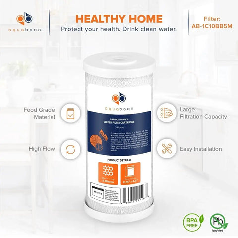 Premium 5 Micron CTO Carbon Block Whole House Water Filter Cartridge 10x4.5 Replacement for FXHTC CBB10 8 Pack, front view with features
