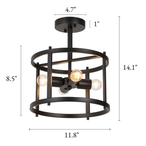 Black Semi Flush Mount Ceiling Light With Dope Modern Farmhouse Drum Cage Design For Kitchen Hallway Living Room And Bedroom Easy Install Durable Metal Frame High Quality Build And Warm Ambience For Any Space, showing dimensions of 11.8" diameter and 8.5" height.