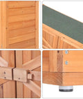 Close-up of Outdoor Wooden Storage Shed With Extra Large Capacity Garden Tool Cabinet details, showing wood finish and hardware.